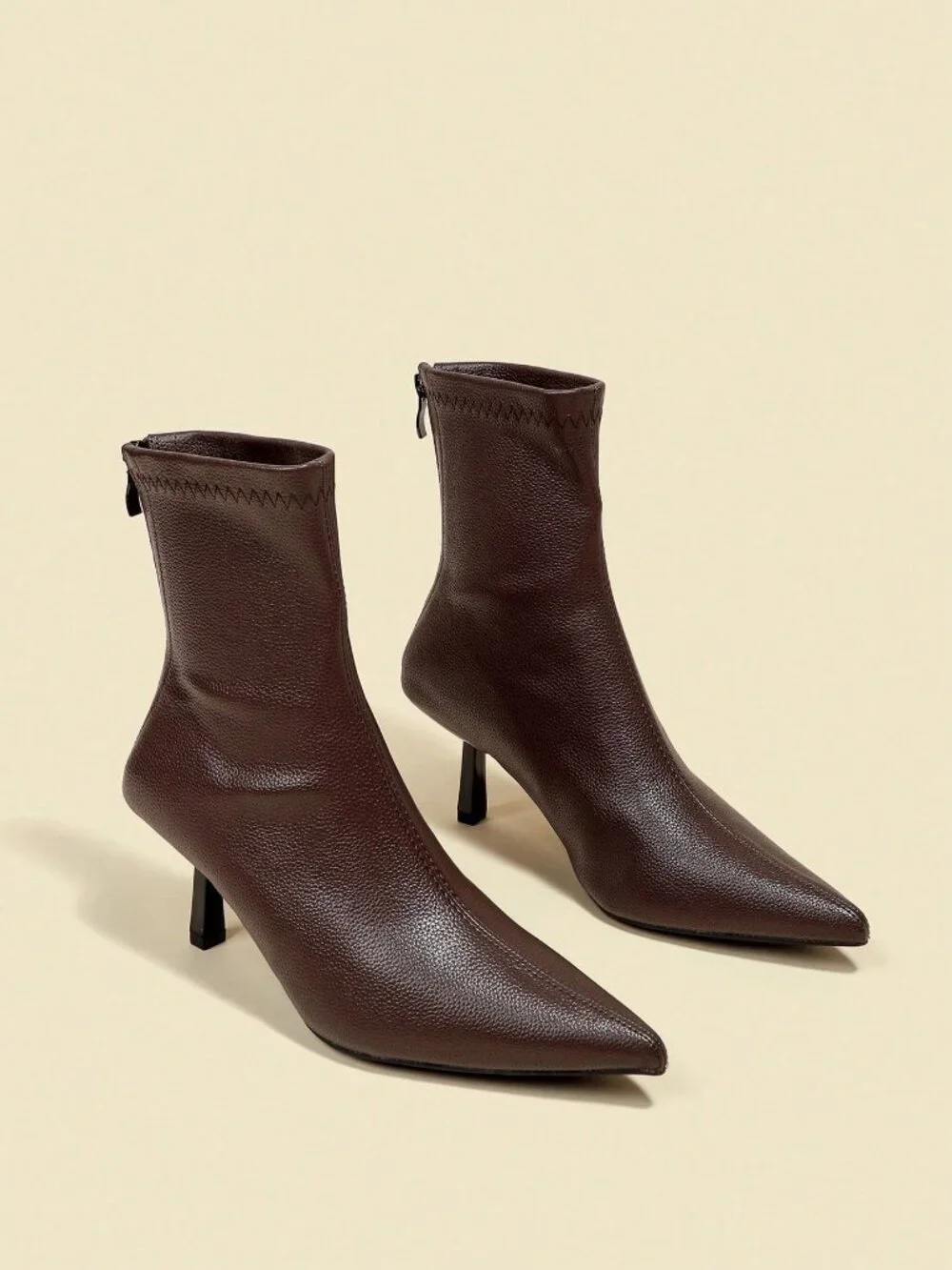 Brown Casual Women's Pointed Toe Elastic Mid Heel Ankle Boots